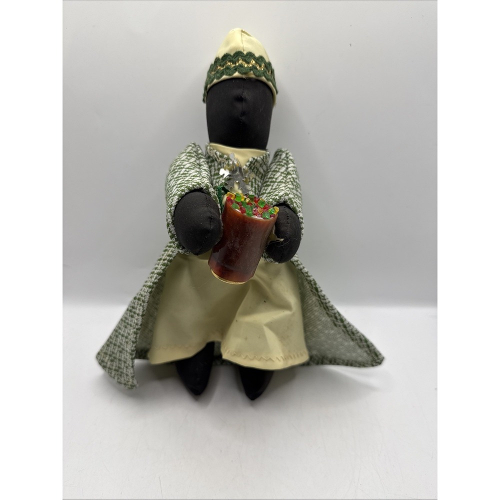 Vintage Handmade Folk Art Black Cloth Doll Green Tweed Coat Dress Cup of Candy - Picture 12 of 12